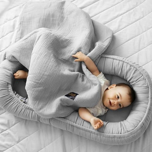 PaLulli® 2in1 Babynest mit Babydecke aus 100% Musselin Baumwolle Premium Kuschelnest Babynestchen 100x60cm Klettverschluss-Klappe Nestchen Wickelauflage Kuschelbett Kokon Decke (Grau)