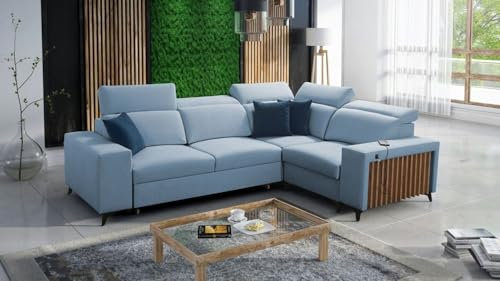 All4All Ecksofa Alicante 2 283x203cm - Schlaffunktion - Bettkasten - L-Form Couch- Eckcouch - Schlafsofa - Wohnlandschaft - Sofa - Polstersofa - Wohnzimmermöbel - Hellblau - Rechts