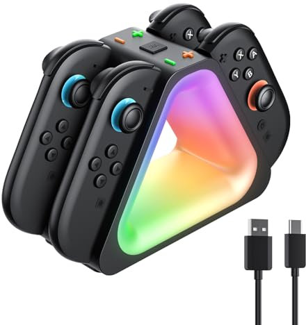 JORREP Estación de Carga para Nintendo Switch 2, estación de Carga 4 en 1 para Nintendo Switch 2 con Pantalla LED/iluminación RGB/Cable de Carga USB Tipo-C
