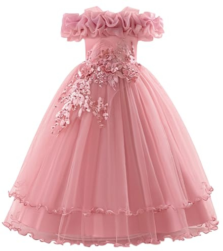 IBAKOM Robe de demoiselle d'honneur fille festive pour mariage : robe d'été sans manches avec fleurs longue - robe de princesse en tulle pour enfants de 7 à 12 ans