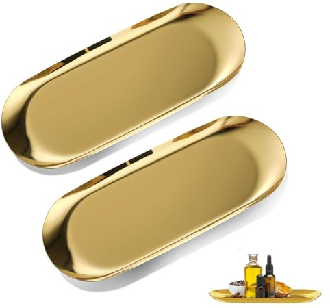 2 Pezzi Vassoio Portata Oro in Acciaio Inox, Vassoio Decorativo Ovale per Cosmetici, Gioielli, Caffè e Piccoli Oggetti, Regalo Elegante