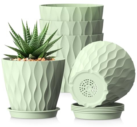 WSMKSZ 15cm Plant Pots Indoor Outdoor, 5 Pack Decorative Flower Pots | Plastic Planters Pots with Saucers & Drainage Holes, 3D Wave Texture, for Peace Lilys, Mint & House Plants, Green