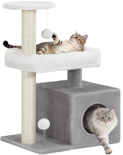 Fobyfurny Cat Tree Tower, 75cm Small Scratching Tree, Light Grey & White