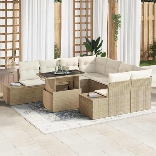 Tonture Gartensofa-Set mit Kissen, 9-teilig, Beige/Creme Poly-Rattan, höhenverstellbarer Tisch für Terrasse, Balkon, Außenbereich, langlebiges Outdoor-Möbelset