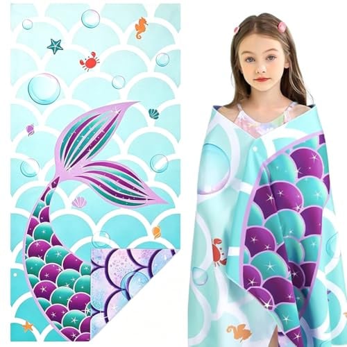 YskerrigToy Meerjungfrau Strandtuch für Kinder, 75 X 150 cm Badetuch Strandtuch, Meerjungfrau Handtuch Badeponcho Kinder Ultra Weich, Meerjungfrau Superweich Stranddecke Reisen Schwimmen Badetuch
