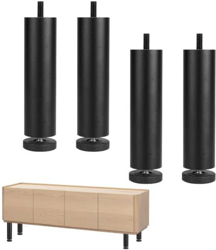 4 Stück Verstellbare Möbelfüße, 20cm Möbelbeine Aluminiumlegierung Standfüße Sofa Höhenversteller 0–8 mm Rund Ersatz Sofafüße Schrankfüße mit M8-Gewinde, Schwarz Metall Füße für Möbel Bett Schrank