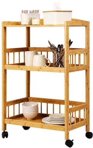 Relaxdays Servierwagen, Bambus, HxBxT: 80 x 53 x 30 cm, 3 Etagen, Natur | Rollregal für Küche & Wohnzimmer, Küchenwagen