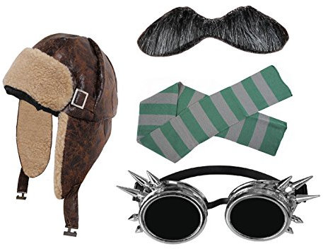 I LOVE FANCY DRESS FLIEGERMÜTZE/RUSSENMÜTZE +SILBERNEN Googles + SCHNÄUTZER = 4 VERSCHIEDEN FARBENDEN SCHALS = HELLES TEDDYFELL IN Innenseite = MÜTZE MIT OHRKLAPPEN + GRÜN/Grauer SCHAL