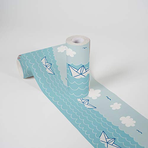 Lovely Kids Bordüre selbstklebend Paper Boat Love Wandbordüre Papierboote, Wellen und Meer für Babyzimmer Wandtattoo für Mädchen und Jungen in blau, hellblau, weiß