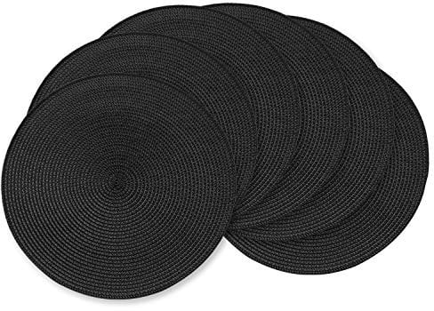 AHHFSMEI Round Braided Placemats 15 Inch Round Table Mats for Dining Tables Polypropylene Woven Heat Resistant Place mats Set of 6 (Black)
