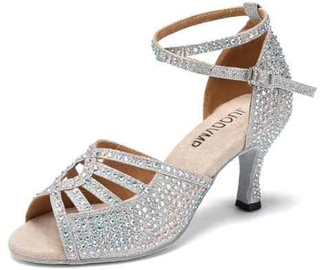 JUODVMP Chaussures De Danse Latine Salsa pour Femmes Strass 7.5cm Talon Haut Argent Salle De Bal Tango Mariage Performance Chaussures De Danse,40EU