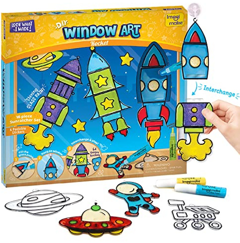 Imagimake Window Art - Rocket, DIY Mess-Free Craft Kit for Kids Ages 5+ | 16 Suncatcher Pieces, Glass Painting Activity for Kids, Birthday Gift for 5,6,7,8,9,10,12 Years Old Girls