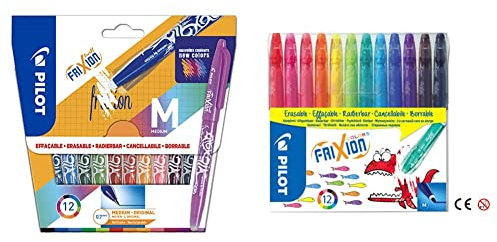 Pilot - 12 Stück Frixion Ball – radierbarer Stift mit thermoensibler Tinte 12 Farben – mittlere Spitze & Pen 4144S12 - Fasermaler FriXion Colors, löschbar, 12er Set