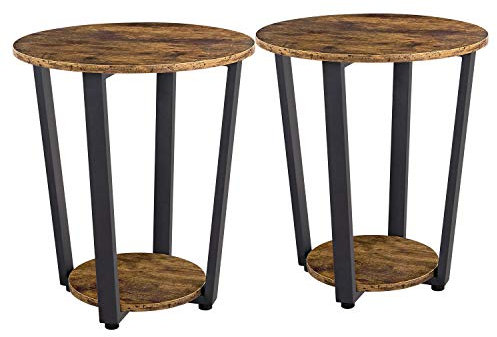 Yaheetech Industrial Side Table, Round End Table with Metal Frame and Storage Shelves, Set of 2 Bedside/Sofa/Coffee Tables for Living Room Bedroom, Simple Assembly, Rustic Brown
