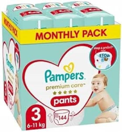 Pampers Pants Windelhose Größe 3 (6-11kg), Premium Care, 144 Stück, Windeln mit Stop- & Protect Anti Auslaufen hinten