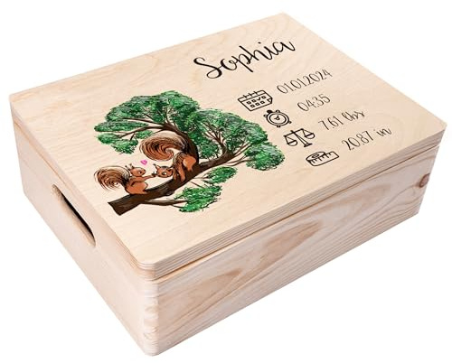 Creative Deco Erinnerungsbox Baby Personalisiert mit Namen - Eichhörnchen | 40 x 30 x 14 cm | Individuelle Erinnerungskiste Geschenk zur Geburt für Mädchen und Jungen | Holzkiste mit Deckel Farbdruck
