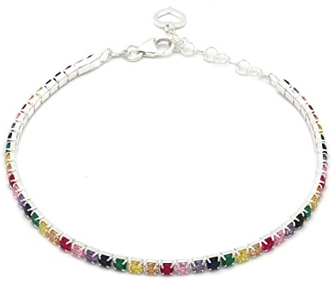 Aka Gioielli® - Bracciale Tennis Multicolor in Argento 925 con Zirconi Colorati per Donna, lunghezza regolabile