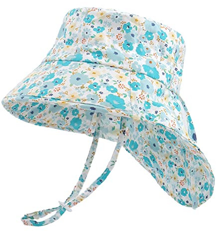 LACOFIA Baby Sonnenhut Mädchen Baumwolle Kleinkind UV Sommer Mütze Verstellbarem Kinder Breiter Krempe Strand Cap Fischerhut mit Bindebändern und Nackenschutz Hellblaue Blume 2-5 Jahre