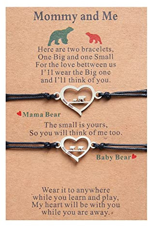 XKUZRWE Mother & Daughter bracelet Silver Mothers Day Gifts Matching Heart Butterfly Dandelion Elephant Bracelets Set Mommy and Me with Meaning Card for Mom Women Girls Gift (Heart & Bear)
