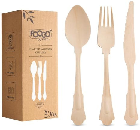 FOOGO Green 75pcs Elegant Disposable Wooden Cutlery Set, FSC® Certified, 25x Forks 25x Spoons 25x Knives, 20cm, Biodegradable Eco Friendly Cutlery Set, Ideal for Weddings, Bamboo