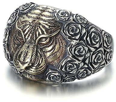 VOYADE S925 Sterling Silber Tiger Kopf Männer Ring, Vintage Personalisierte Sterling Silber Ring,Silber,7