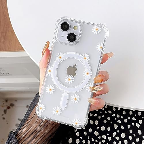 ZTOFERA Magnetic Case for iPhone 13/14, Transparent Soft Daisy Pattern Case - Drop Resistant Bumper Protective Cover with MagSafe Wireless Charging Compatibility