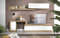 Dafne Italian Design Mobile da soggiorno moderno stile nordico Slimmy cm.280 x 42 x 185 colore bianco lucido e rovere: base tv, scrivania con anta a battente, pensile orizzontale e mensola