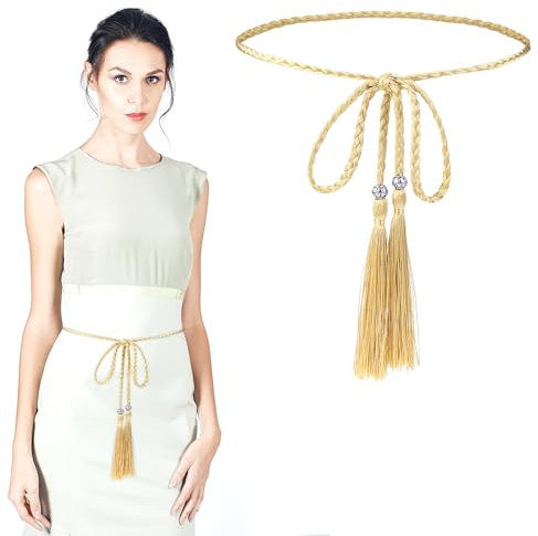 Giantree Tassel Braided Waist Belt for Women, Skinny Tassel Braided Bowknot Waist Rope Belt for Skirt Dress(Gold)
