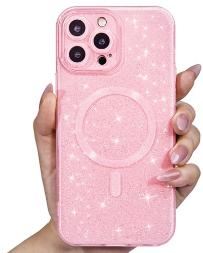 Svanove Glitter Case for iPhone 12 Pro Max Phone Case Magnetic Compatible with Magsafe, Sparkle Bling Shiny Cute Girly Design, Aesthetic Slim Soft TPU Mag Cover for Women Girl, Light Pink