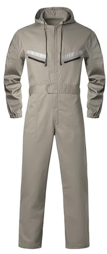 Oralidera Herren Arbeitsoverall mit Kapuze Reflektierend Arbeitsanzug Mechaniker Arbeitsoveralls Werkstatt Arbeitskombi Studenten Overall, Khaki, L