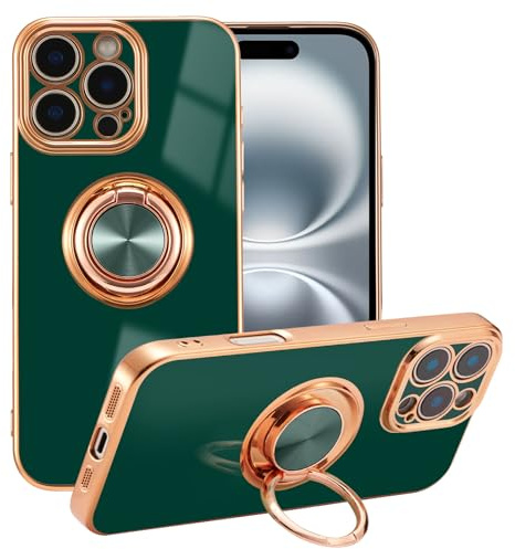 EYZUTAK Case for iPhone 16 Pro, Electroplated Ring Holder Case, Dark Green | 360 Degree Rotation Metal Anti-fall Magnetic Finger Ring Kickstand Magnet Car Holder Slim Soft Silicone Shockproof Cover
