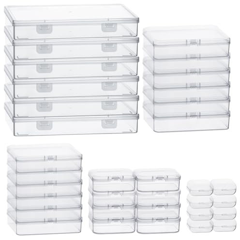 RETON 36 cajas de almacenamiento rectangulares de plástico transparente de varios tamaños, pequeños recipientes de plástico con tapa con bisagras para almacenamiento de objetos pequeños y pequeños,
