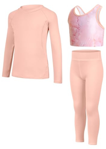 JiAmy Leggings Yoga per Bambina Set 3 Pezzi, Maglie Sportive a Manica Lunga, Top Corto in Stile Crop, Abbigliamento Sportivo per Ragazze 5-12 Anni