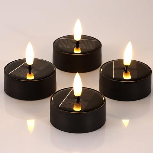 ZIYOUDOLI 4er Solar LED Teelichter Outdoor Wasserdicht LED-Kerzen mit Timerfunktion & Warmweißes Flackern 6 x 6cm（Schwarz Anzug） Geeignet für den Einsatz im Garten Camping