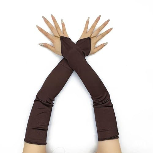 Whakano 1 Paar 50 cm Lange Elegant Satin Handschuhe,Damen Classic Abendhandschuhe Opernhandschuhe Ball Fingerlose Handschuhe,Ellenbogen handschuhe,für Gala,Oper,Brautparty,Hochzeit,Braun