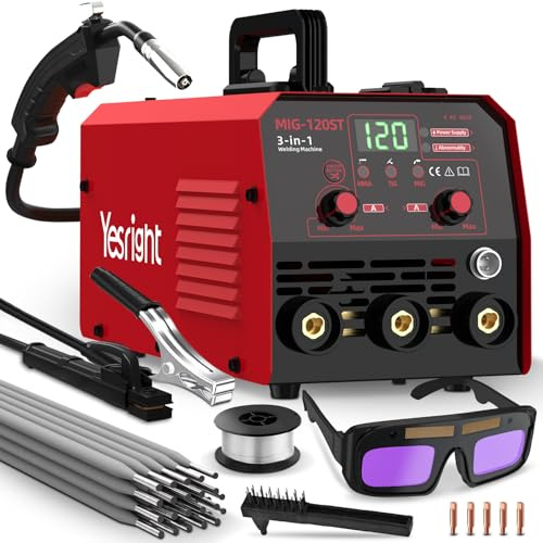 YesRight MIG Welder 110V, 120A Flux Core MIG/Lift TIG/Stick Welding Machine | 3 IN 1 Multiprocess Welders with Goggles Rods Wire, Stable Arc, Efficient Cooling, Complete Kits For Beginner & Home DIY
