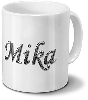 printplanet Tasse mit Namen Mika - Motiv Chrom-Schriftzug - Namenstasse, Kaffeebecher, Mug, Becher, Kaffeetasse - Farbe Weiß