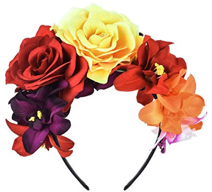 DreamLily Day of The Dead Headband Costume Rose Flower Crown Mexican Headpiece BC40, Mexican Festival Crown Yellow Red, 1 Count (Pack of 1)