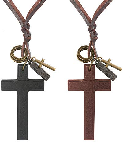 JewelryWe Holzkreuz Kreuz Halskette Herren: 2pcs Vintage Leder Kette mit Holz Kreuz Schrift Tag Ringe Anhänger Verstellbare Lederkette Lange Halskette Punk Schmuck Geschenk für Männer Frauen