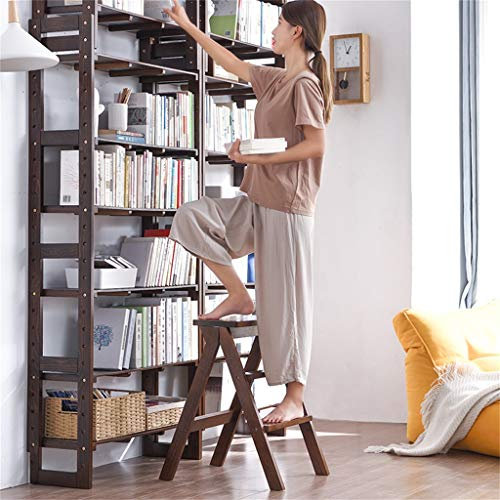 Escabeau à 3 marches pliable Bibliothèque Escabeaux Chaise à échelle, échelle en bois Escabeau de sécurité Chaise d'escalier de cuisine Outil à domicile Hauteur 63 cm Max. 200kg marron