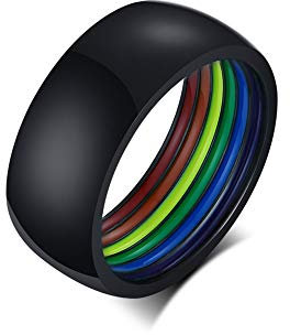 PJ JEWELLERY Normaler Edelstahl 8 mm Breite Polierter gewölbter Regenbogenstreifen-LGBT-Ring, Gay Pride Eheringe Bänder für Männer, klassischer Tagesring, Größe 57 (18.1), Schwarz