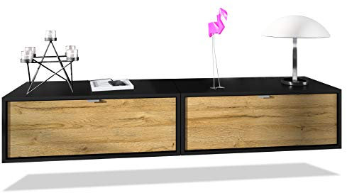Vladon TV Board Lana 80 Mobile da Parete Porta TV 80 x 29 x 37 cm, Struttura in Nero Opaco, Frontali in Rovere Nature | Ampia Scelta di Colori