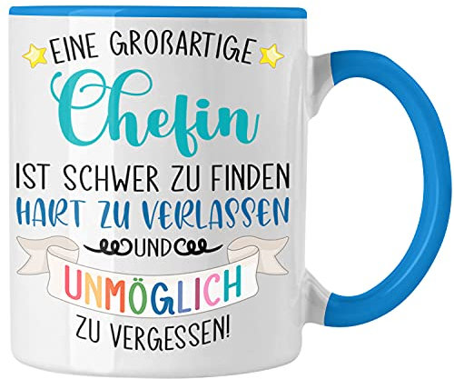 Trendation - Chefin Abschied Abschiedsgeschenk Chefinnen Tasse mit Spruch Grossartige Chefin Geschenkidee (Blau)