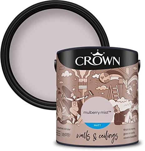 Crown WALLS & CEILINGS Mauve Beige Matt Emulsion Paint 2.5L | Rich velvety matt in Mulberry Mist. Covers beautifully. Ideal for bedrooms & living rooms. Low VOC, low odour, vegan
