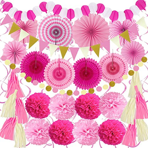 ZERODECO Party Deko, 41 Stück Rosa Party Dekoration Papier Pompoms Girlande für Partydekorationen Geburtstag Set Bachelorette Babyparty Brautparty Hochzeiten Baby-Duschen Feste