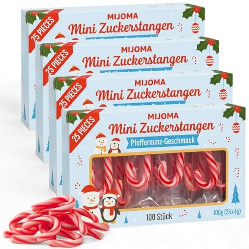Lot de 4 paquets cadeaux de Noël avec mini cannes à sucre rouge et blanc à rayures avec goût fraise, décoration de Noël 4 x 50 g au total 40 pièces