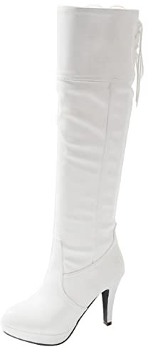 Lroey Reoly Stivali Alti da Donna con Tacco a Spillo, Stivali da Vestito Tacco Alto Punta Rotonda Boots Senza Chiusura Plateau 075 Bianco-Hm Numero 38 EU