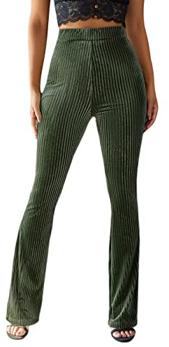Damen-Hose, Cord, ausgestellt, elastische Taille, Glocke, Hose, Stretch, hohe Taille, Bootcut, Glockenunterseite, Streetwear, Dunkelgrün, M