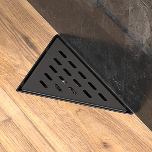 Hydroware Dreieckiger Duschablauf – Edelstahl Dreieckiger Duschablauf Bodenablauf mit abnehmbarem gemustertem Rost, Haarsieb, Gewindeadapter (20,3 x 27,9 cm, Schwarz)
