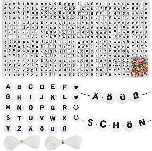 Funtopia 1200 Stück Buchstabenperlen, A - Z Ä Ö Ü ß Rund 4x7mm Buchstaben Perlen zum Auffädeln mit 50pcs Herz & Smile Perlen, 500pcs Perlen 2mm Armband Bastelset (30 Buchstabenperlen mit je 40stk)